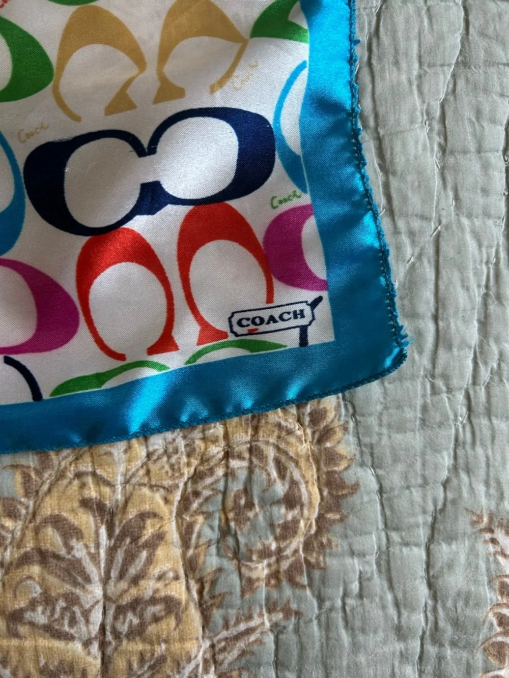 Vintage Coach Turquoise-Edged Multicolor Logo Silk Scarf - Picture 2 of 7